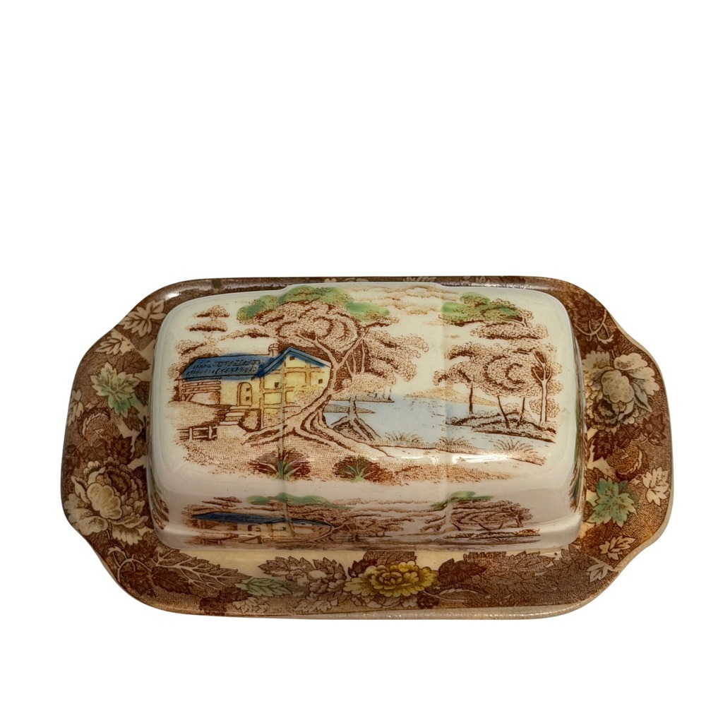 Nasco Mountain Woodland Covered Butter Dish Vintage Ceramic Transferware Japan